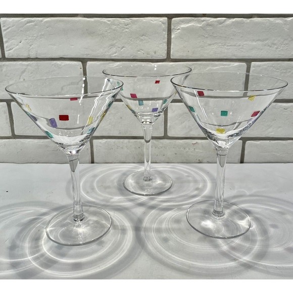 Art Deco Glass Martini glasses Confetti with Matching Shaker Qty 3 - Picture 10 of 12
